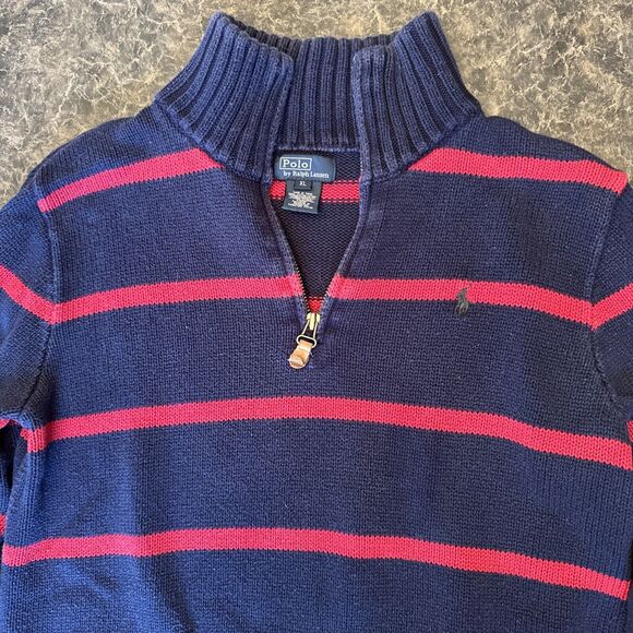 Polo‎ Ralph Lauren Sz XL Quarter Zip Blue Red Stripe 100% Cotton - Picture 2 of 11